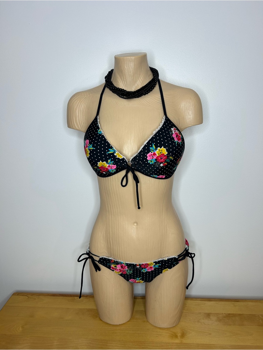 Black Floral Tie-Front Halter Bikini - Black with Pink & Yellow Flowers❤️L-S